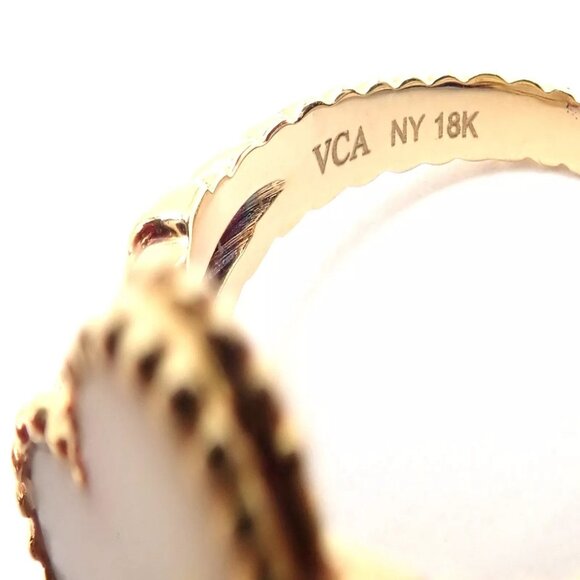 Van Cleef & Arpels Vintage Alhambra 18k Yellow Gold Diamond White Coral Ring - Picture 5 of 9